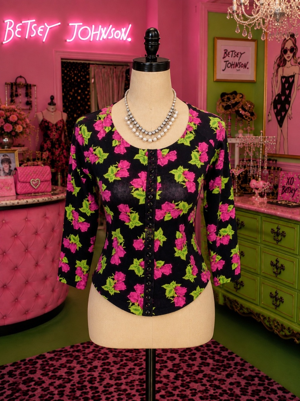 Betsey Johnson Black Button-Front Floral Top with Pink & Lime Print